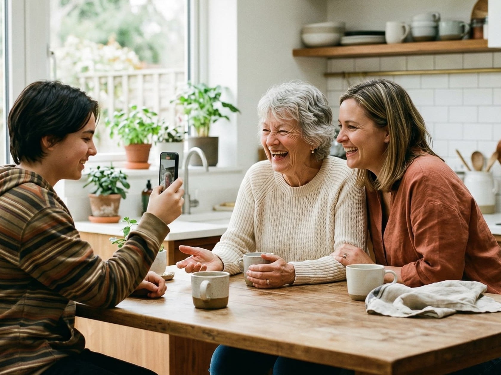 Three generations laughing together around the kitchen table