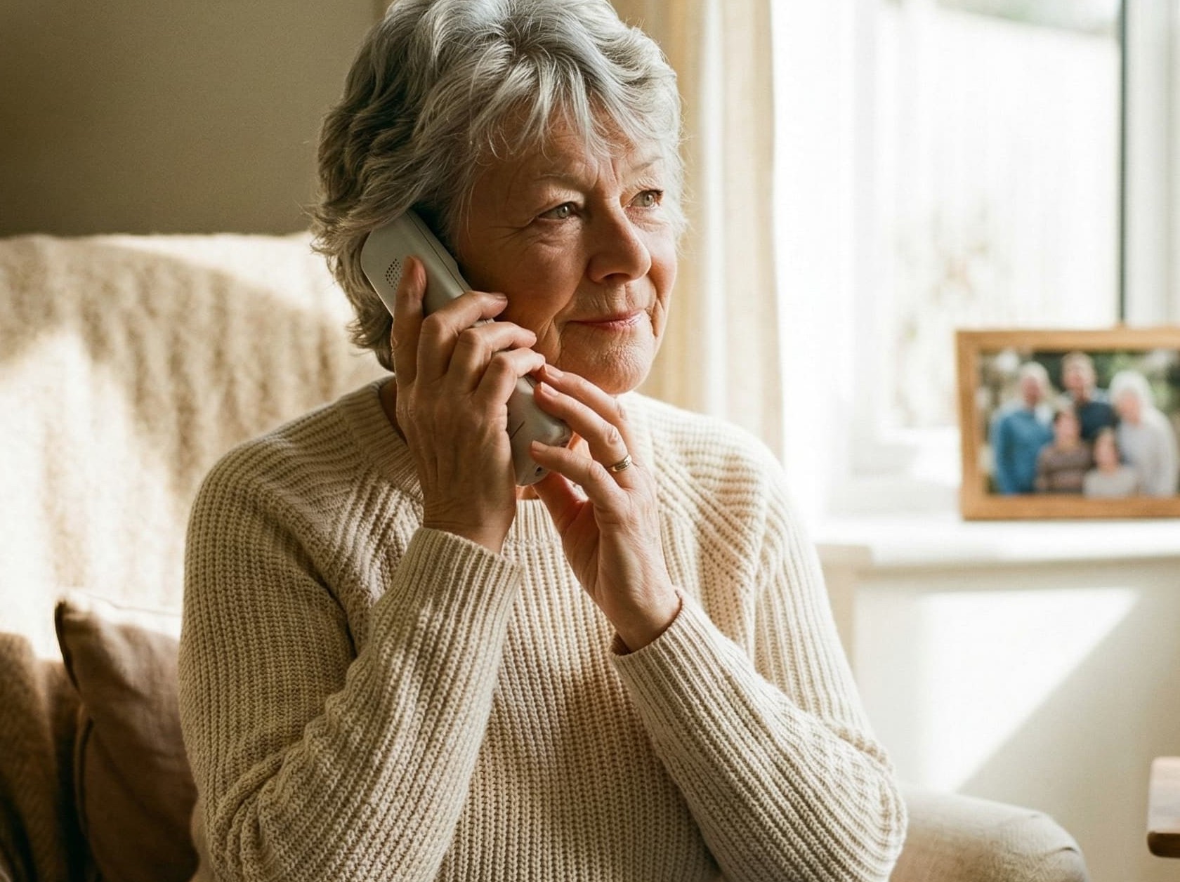 Grandmother smiling on the phone, sharing her stories